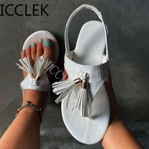 Women Tassels Slingback Sandals Open Toe Gladiator Summer Bohemia Peep Toe Casual Comfort Flat Women White Shoes Plus Size 42