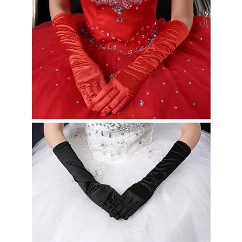 Women Red Black Wedding Gloves Elbow Length Satin 38CM Long Bridal Gloves Woman Cosplay Casual Party Wedding Accessories