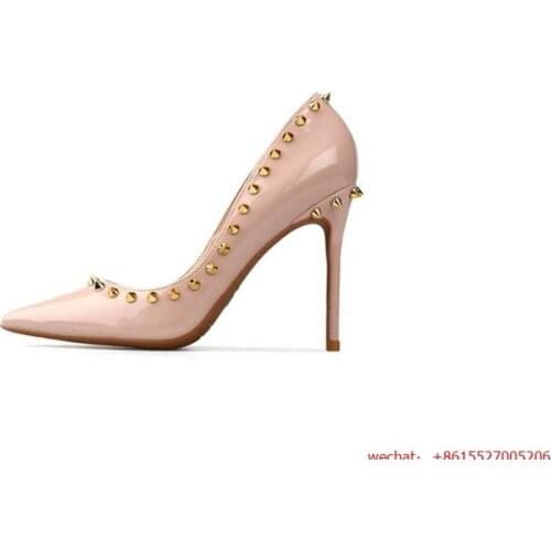 Discount Gold Rivets Pointed toe Thin High Heels Sexy Nude PU Leather Dress Pumps Women Gladiator Shoes 10cm 12cm Stiletto Heels
