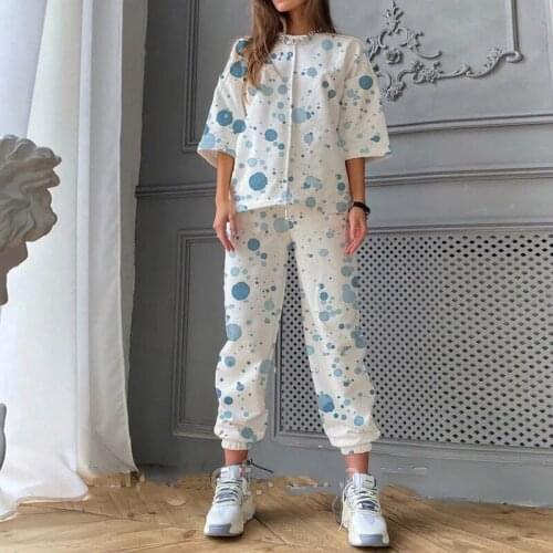 Spring Printed 2 Pieces Womens Tracksuit Set O-neck Half Sleeve Top And Pant Female Suit 2021 Fashion Casual Sport Ladies Sets
