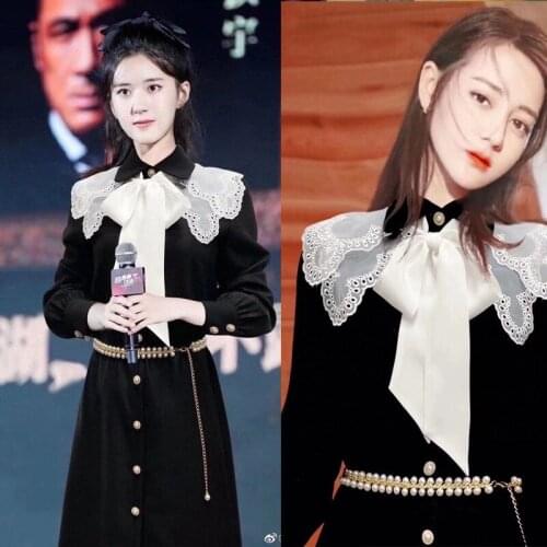 Bow Lace Up Black Autumn Shirts Dress Women Pearls Buttons Long Midi Dress Office Lady Elegant Party Dress Long Sleeve C968