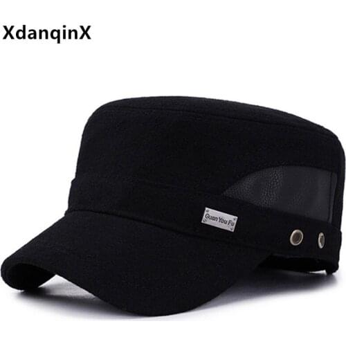 XdanqinX Winter Mens Cap Warm Earmuffs Caps New Thermal Military Hats Snapback Cap Men Flat Cap Adjustable Size Casual Navy Hat