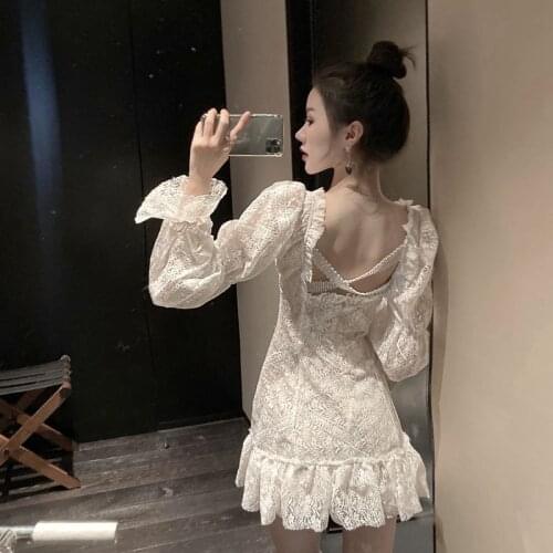 2020 Fashion Sexy Backless White Lace Dress For Women Spring Summer Long Sleeve V Neck Ruffled Hem Mini Dress vestido curto Z255