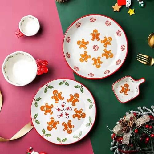 2021 Ceramic Plate Household Tableware Christmas Elements Gingerbread Man Series Japanese Style Creative Personality Salad Bowl