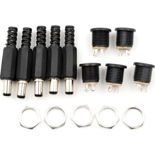 5Pcs 5.5mm x 2.1mm Male DC Power Plug Connector+5 Pcs Screw Lock Female Panel Socket Mount Adapter