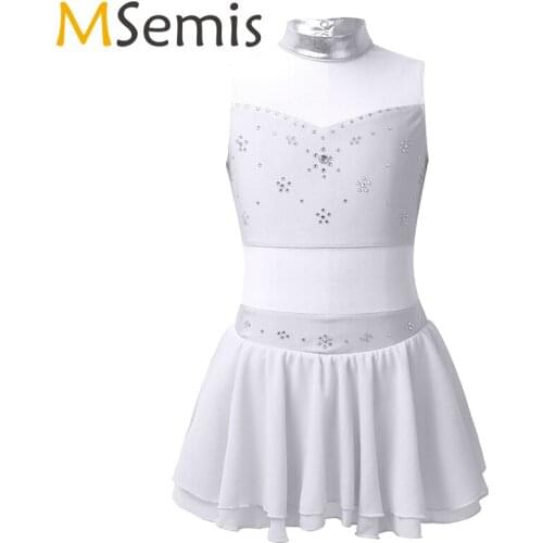 Sparkly Rhinestone Ballet Leotard Dress Figure Skating Dress Girls Sleeveless Metallic Mock Neck Tulle Splice Cutout Dance Dress
