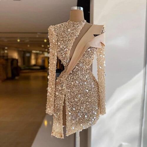 Champagne Glitter Luxury Sexy Short Prom Dresses Long Sleeves Sequins Shiny Women Cocktail Party Night Gowns Custom Plus Size