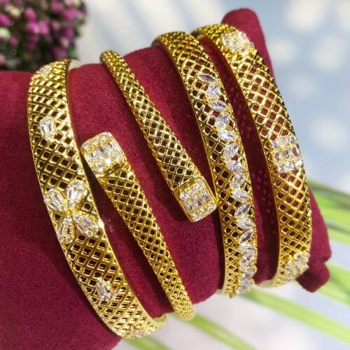 Missvikki Luxury Trendy Retro golden hollow mesh Bangle Ring for Women Bridal Jewelry Sets Wedding Perfect Gift High Quality