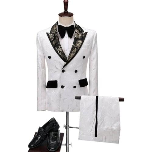2020 Fashion White Floral Gold Lapel Men Suit Double Breasted Slim Fit Party Wedding Tuxedo For Men Formal Groom Suits Blazer