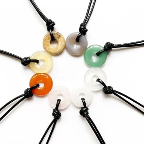 Natural Stones Jewelry Round Crystal Pendant Circle Stone Lucky Necklace Women Men Chain Wax Rope Handmade Neck Jewelry 1pc