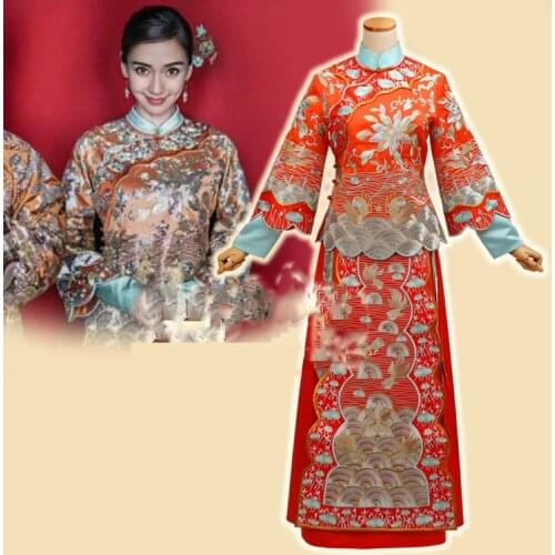 Orange Red Chinese Wedding Hanfu Angelababy Huang XiaoMing Couple Costume Sets Republican Period Wedding Bride and Groom Hanfu