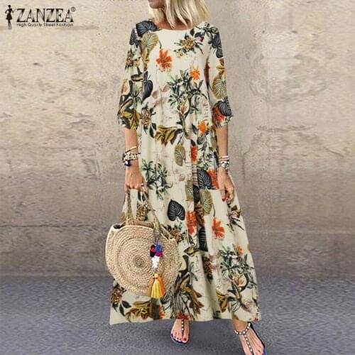 Autumn Maxi Long Dress ZANZEA Women Vintage Floral 3/4 Sleeve Cotton Linen Sundress Bohemian Vestidos Kaftan Loose Dresses Robe7