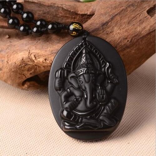 Natural Obsidian Four arm Elephant Jade Pendant Necklace Jewelry Lucky Auspicious Amulet Pendant Jade Fine Jewelry