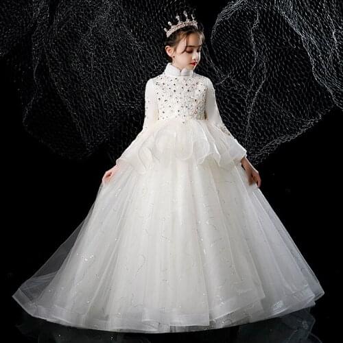Luxury Flower Girl Dresses Princess High Full Lace Sequined Ball Gown Crystal Floor-Length Tulle Embroidery Kid Party Dress H005