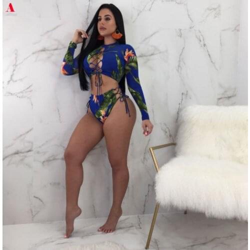 Sexy 2Pcs Women Summer Bikini Sets Floral Long Sleeve Ladies Bandage Bikini Bandage Swimwear Swimsuit Bathing Suit Beachwear