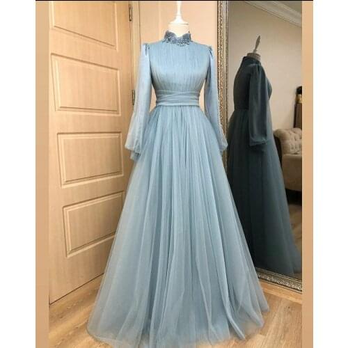 Light Blue Tulle Long Sleeve Prom Dresses 2021 High Neck Appliques Formal Evening Party Gowns Saudi Arabia Muslim Robe