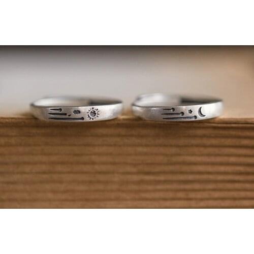 Vintage 925 Silver Couple Ring for Lovers Sun and Moon Best Friends bff Adjustable Opening Finger Rings Men Women Retro Jewelry