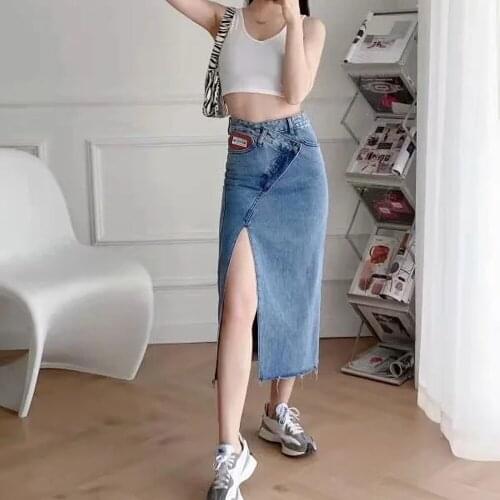 2021 Women versatile Midi denim Skirt Retro blue High Waist bag hip jean Skirts zipper casual Slit Middle length Skirts Female