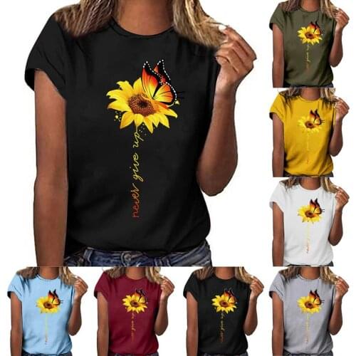 Women Short Sleeve Round Neck T-shirt Sunflower Butterfly Text Splicing Printing Solid Color Casual All-match Lovely T-shirt