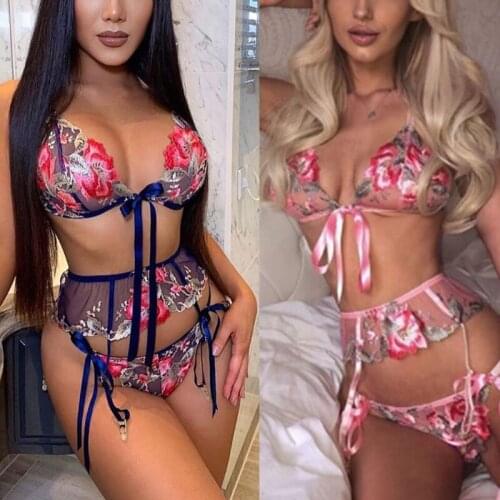 Womens Embroidery Floral Appliques Mesh Lingerie Set with Garter Belts Bowknot Bra Panty Sheer Lace Bikini Underwear Sleepwear