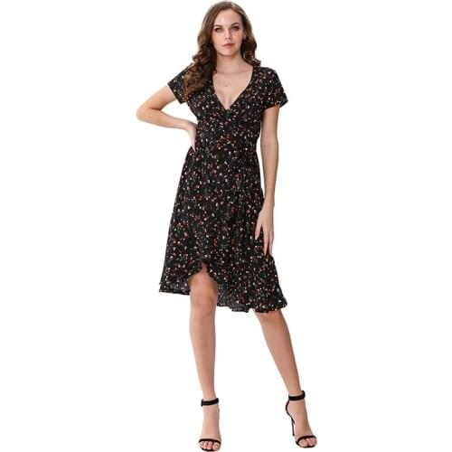 Black floral printed dress for women short sleeve V-neck tie waist knee length dresses vestidos M30580