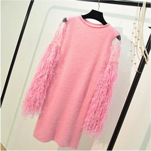 Autumn and winter new hand crocheted Mohair lantern sleeve knitting dress women lace fringed long sweater dresses