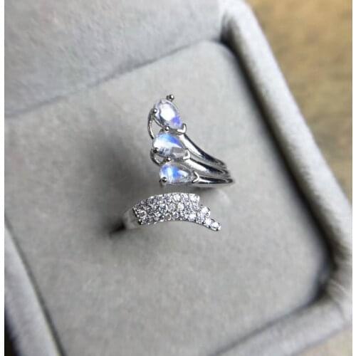Natural blue moonstone Ring Natural gemstone Adjustable Ring 925 sterling silver trendy elegant Angel wing womens party Jewelry