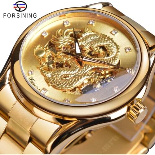 Forsining Mens Watches Golden Dragon Skeleton Crystal Analog Automatic Watch Mechanical Steel Strap Wristwatch Relogio Masculino