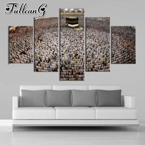FULLCANG Muslim palace blessing icon 5 piece diy diamond painting full square round mosaic embroidery sale decoration FC3056