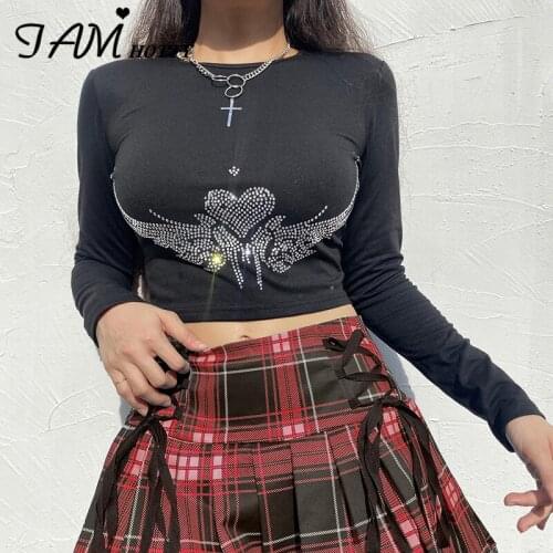 Black Printed Rhinestone Tshirt Women Gothic Skinny Long Sleeve Tops Casual Basic Cotton Tee Dark Academia Grunge Tops Iamhotty