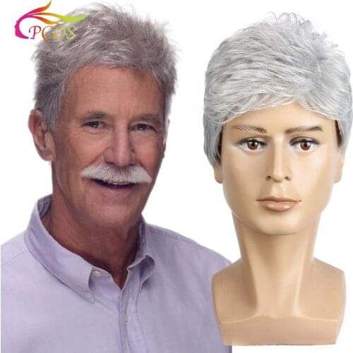 Short Fluffy Men Synthetic Wig Curly Layered Haircut Grey Costume Wig for Father Gift More Colors Available