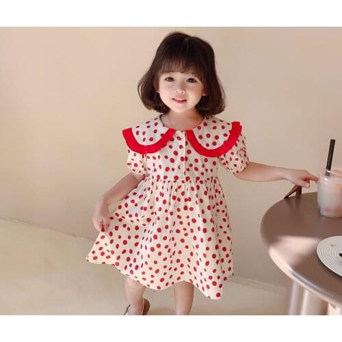 Summer baby girls cute dot printed trun-down collar princess dresses 2021 fashion short sleeve casual dress