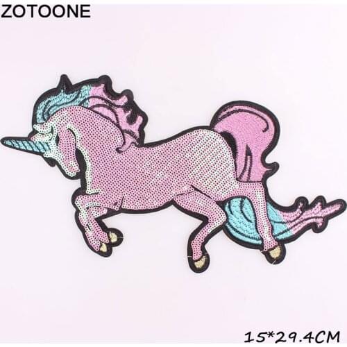 ZOTOONE New Big Pink Unicorn Sequin Patches for Clothes Iron on Patch Embroidered Applique Sewing Stickers Apparel Accessories D
