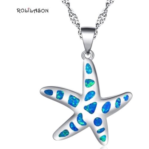 ROLILASON Womens Day gift Stars Retro style for ladies Anniversary gift Blue fire opal silver color Necklace Pendant OP776