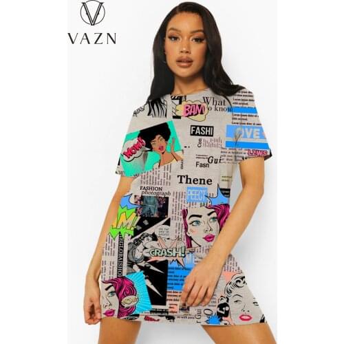 VAZN 2021 Summer Letter Fancy Little Chap Sexy Young Daily Regular Mini Dress Round Neck Short Sleeve Women Thin Mini Dress