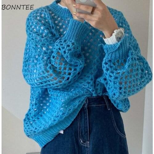 Pullovers Women Loose Hollow Out Creativity Autumn Korean Style O-Neck Daily Knitting Long Sleeve Solid Ladies Sweater All-match