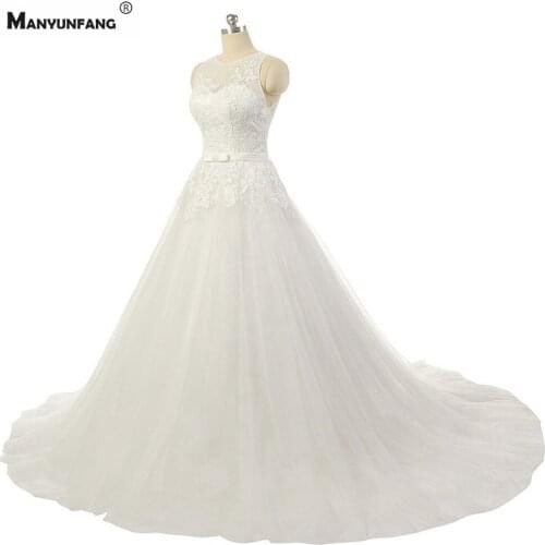 Real Picture O-Neck Embroidery Appliques Tulle Sleeveless Bridal Ball Gown Custom Made Chapel Train Zipper Back Wedding Dress