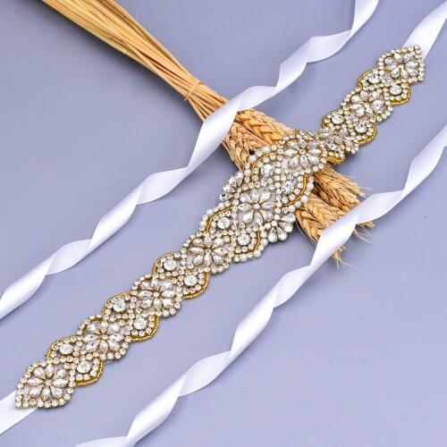 ZMS161B-G Birdal sash Handmade Crystal Wedding Belts Golden Silver Rhinestone Wedding Dress Belt Formal Bridal Ribbon Belt