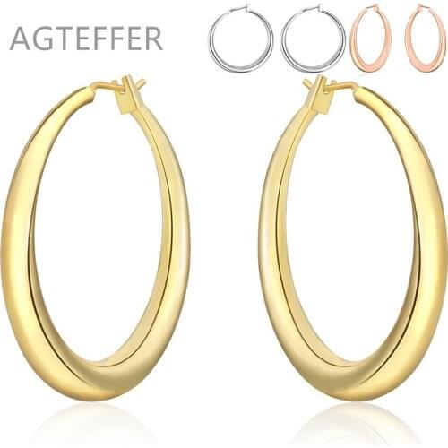 AGTEFFER 925 Sterling Silver/Rose Gold/Gold Smooth Circle Hoop Earrings For Woman Wedding Engagement Fashion Charm Jewelry