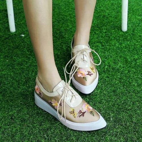 EshtonShero Spring Womens Shoes Woman Pumps Cow Leather+PU Wedge Low Heels Lace Up Embroider Ladies Wedding Shoes Size 3-8