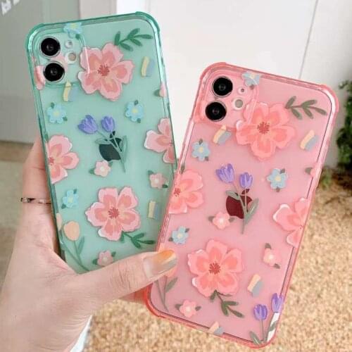 Gimfun Vintage Anti-fall Rose Flower Phone Case for IPhone 11 12 Pro Max XS Max X XR 7 8 Plus Pink Green Soft Tpu silicone Cover