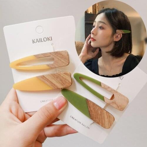 2pcs/set Candy color wooden geometric stitching hairpin simple style temperament hair clip headdress bangs clip Korea