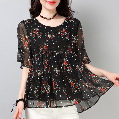 Tunic Tops Summer Plus Size Clothing For Women 4xl 5xl 6xl Chiffon Floral Elegant Blouse Short Sleeve Ladies Loose Casual