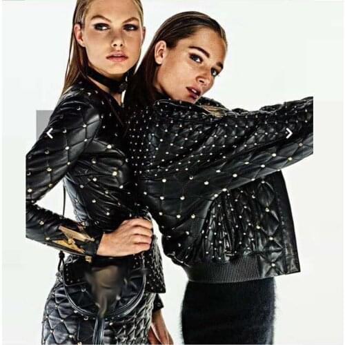 2020 Newest PU Diamonds Fashion Women Two Pieces Set Sexy Long Sleeve Jacket Coat & Mini Skirt Punk Style Femme Outfit