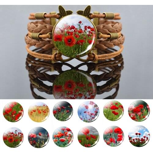 Poppy Flowers Women Brown Bracelet Beautiful Poppy Glass Cabochon Jewelry Bangle Girl Lover Birthday Gifts