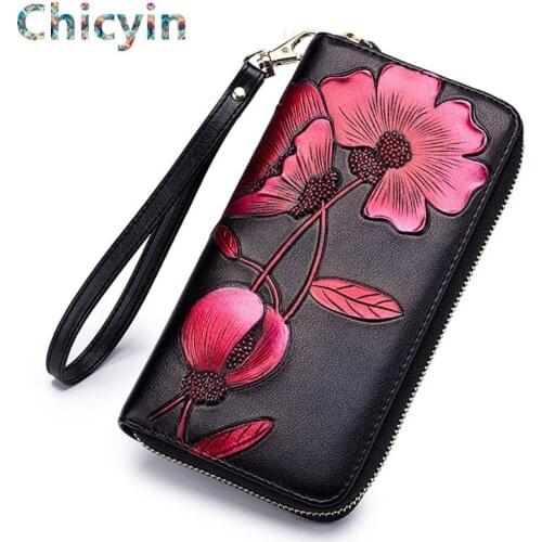 Flower Genuine Leather Womens Wallet Female Long Walet Women Carteira Lady Clutch Money Bag Coin Purse Cartera Mujer Portomonee