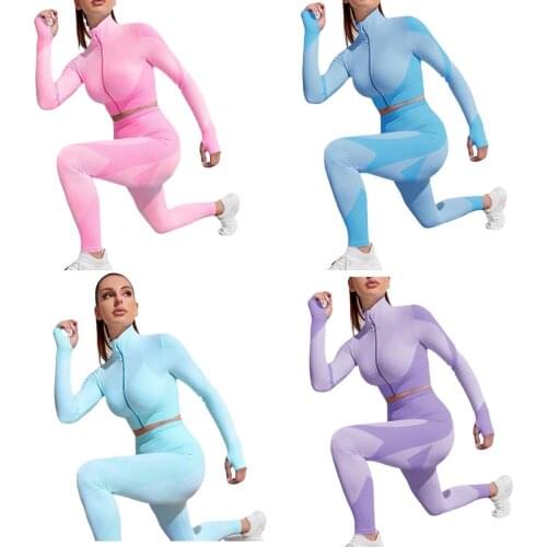 Women Gym Set Feamle 2PCS Zipper Crop Top Leggings Sport Suit Workout Outfit Sport Wear Clothes Seamless Suit for Fitness
