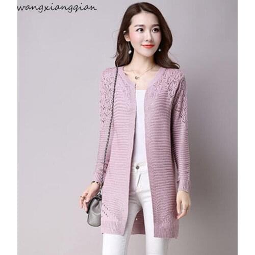New 2018 Autumn Korean Style Womens Sweater Long-sleeve Female Fashion Long Section Knitwear Hollow Lace Cardigan Coat B478