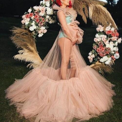 Warm See Thru Women Tulle Long Robe To Pregnant Picture Shoots Full Sleeves Ruffles Puffy Bottoms Party Dress Long Prom Gowns