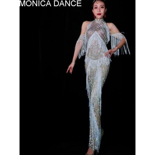 Sexy Fringes Rhinestones Dress Evening Wedding Birthday Prom Birthday Celebrate Dance Dress Bar Evening Women Tassels Dress